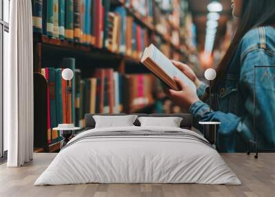 a girl taking a book from the shelf of the library Wall mural