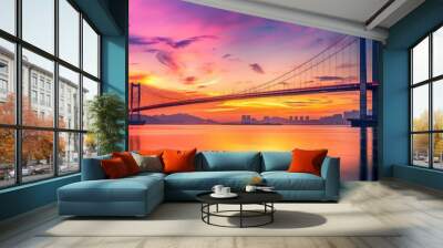 panoramic view of the a bridge at sunset, a stunning bridge that connects two cities Wall mural