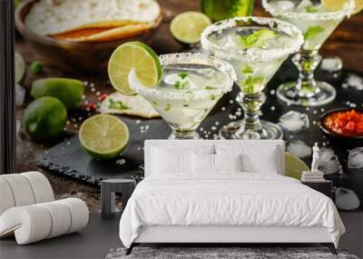 Three glasses of margaritas with salt on the rim and lime garnish, fresh limes scattered around. Wall mural