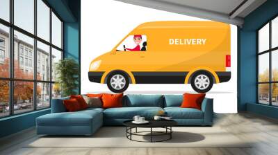 Vector cartoon delivery van truck with deliveryman Wall mural