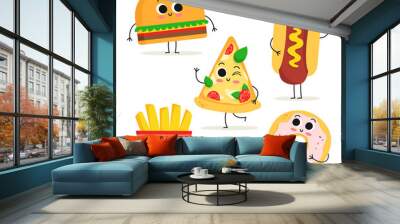 Set of 5 cute cartoon fast food characters isolated on white Wall mural