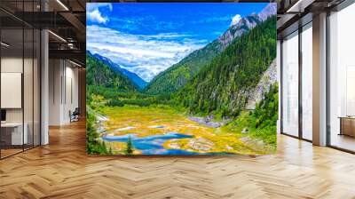 Mountains and forests under blue sky and white clouds, beautiful valleys and lakes Wall mural