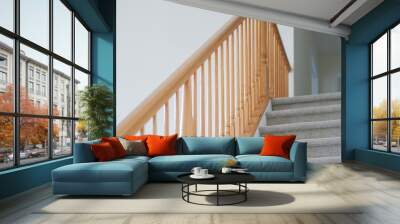 wooden stairs. Stair handrail closeup. - Image Wall mural