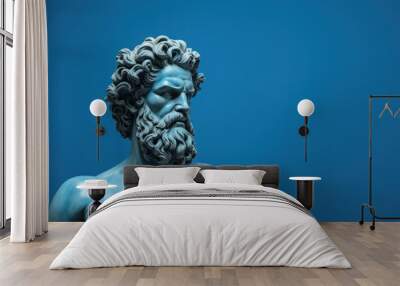 Ancient Greek statue of powerful Hercules on blue background. Ancient Sculpture of waist-high Man with large beard and muscles. Banner with copy space Wall mural