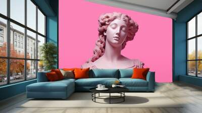 Antique Statue of Woman with flowing hair, closed eyes, and a serene expression. The pink background complements her graceful jawline and delicate eyelashes Wall mural