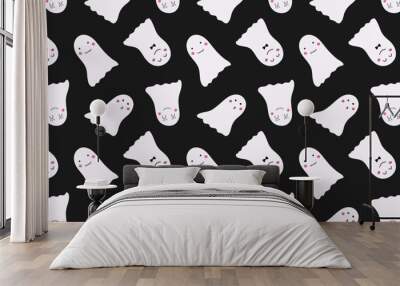 Ghosts seamless pattern in hand drawn style on black background. Flying Phantoms. Halloween scary ghostly monsters. Cute spooky characters. Holiday Silhouettes. Wall mural