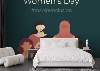 Inspire Inclusion 2024 poster on dark background. Diverse religions colors body ages physical abilities and ethnicities girls with heart-shaped hands. International Women Day InspireInclusion slogan Wall mural