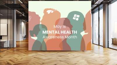 Mental Health Awareness month. Various silhouettes of adults and children of different nationalities and appearances. Psychological well-being presentation. Diversity people contour in flat style Wall mural