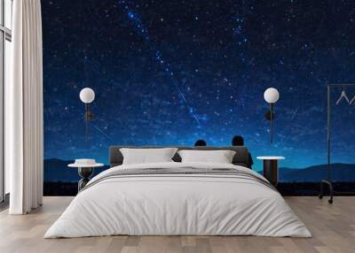 silhouette of a couple looking at the stars at night Wall mural