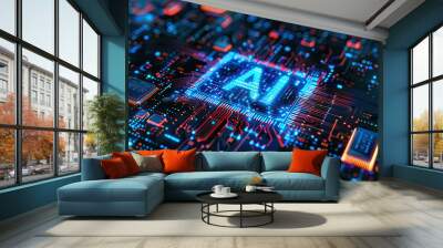 Concept of Technology AI (Artificial intelligence), AI chip on circuit board, Wall mural