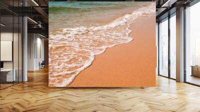 Tourist travel banner design template, copy space. White foam of a sea wave, golden sand beach, turquoise ocean water. Wall mural