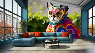 cat wearing a luchador mask and cape (AI Generated) Wall mural