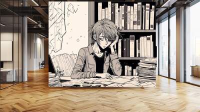 student sitting alone at a library study table, looking overwhelmed and stressed (AI Generated) Wall mural