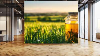 A glass jar filled with golden liquid, surrounded by green grass and a blurred sunset background, evokes a sense of natural purity and tranquility. 
 Wall mural