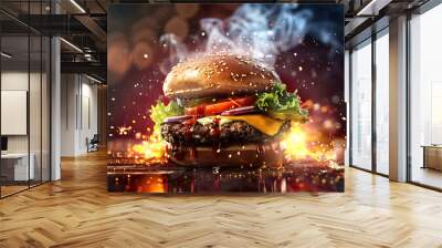 A juicy cheeseburger with red, yellow and brown colors, is on fire, evoking a sense of excitement and hunger. 
 Wall mural