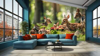 Four cute fawns eating red berries in a green forest, a perfect image for a nature and wildlife theme. 
 Wall mural