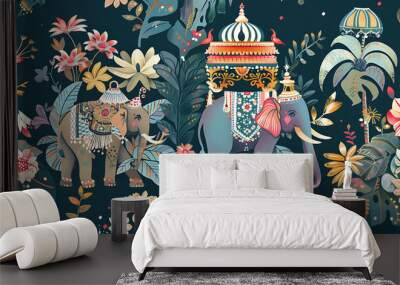 Two decorated elephants walking through a lush jungle with teal, gold, and pink flowers, a vibrant and exotic design perfect for textile and wallpaper. 
 Wall mural