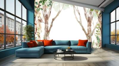 Watercolor forest scene with brown and green tones evokes a sense of tranquility and nature. 
 Wall mural