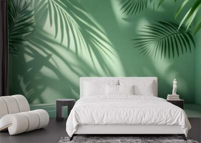 3D rendering of a green background with soft palm leaf shadows creating a serene atmosphere. This minimalist design offers an ideal empty space for product presentation or mockup scene template, captu Wall mural