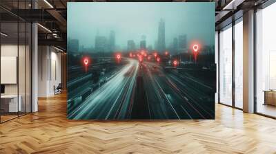 A high-angle cinematic view of a modern cityscape with digital red pins, location icons, and street signs floating over the streets, set against a dark grey sky. This visually captures the integration Wall mural