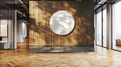 A large white circle hanging on a wooden wall in an outdoor cafe, showcasing minimalist style with high resolution and photographic realism. The scene depicts modern architecture with a simple backgro Wall mural