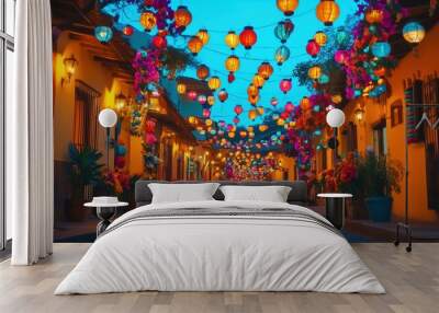 A vibrant street adorned with colorful lanterns and flowers, creating an enchanting atmosphere for a New Year celebration in a charming Mexican town. The festive decorations capture the lively spirit  Wall mural