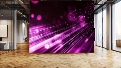 Abstract background with vibrant purple light rays and scattered bokeh lights, illustrating a glowing digital data stream against a black backdrop. This dynamic scene represents modern digital technol Wall mural