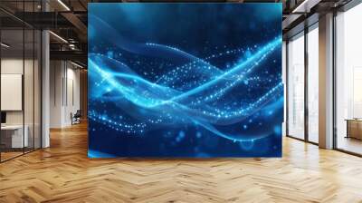 Abstract blue digital background featuring glowing light waves and dots, illustrating technology concepts of data flow and connectivity. The futuristic wallpaper showcases flowing digital data on a da Wall mural