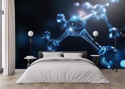 Close-up 3D rendering of a blue chemical structure on a dark background, representing abstract science and molecular research concepts. The intricate details of the chemical bonds and atoms highlight  Wall mural