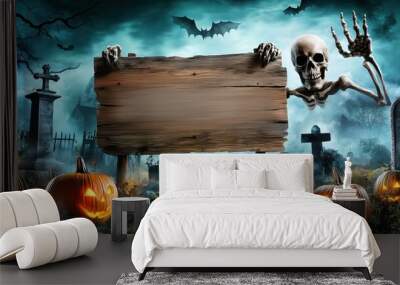 Creepy wooden sign held by skeleton hands with glowing eyes in a haunted cemetery under the moonlight. Surrounded by spooky Halloween pumpkins, this horror-themed scene perfectly captures the eerie at Wall mural