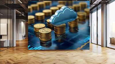 Detailed 3D rendering of coins and a cloud icon displayed on a stock market graph background, illustrating modern financial concepts, online money management, and business technology integration. The  Wall mural