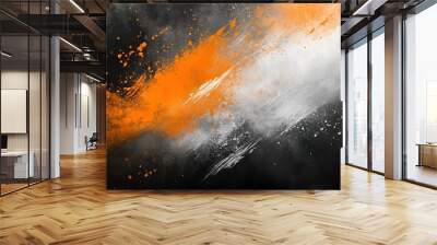 Dynamic abstract grunge background with bold orange and gray paint splashes on a textured black surface, creating a vibrant and energetic composition. The striking contrast between the colors and roug Wall mural