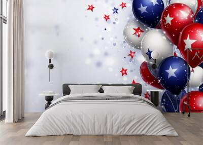 Festive celebration with American flag colors and star-shaped balloon arrangement on a light background, featuring red, white, and blue balloons in a 3D rendering, symbolizing a USA public event or pa Wall mural