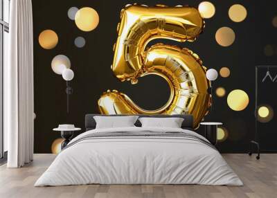 Golden foil balloon shaped as the number 5 against a dark background with bokeh lights, showcasing detailed and realistic textures. The image features glossy and shiny effects with high resolution and Wall mural