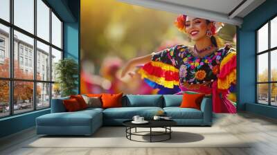 Graceful Mexican woman dancing in a colorful traditional dress at a vibrant fiesta, showcasing ruffles, a floral headpiece, and lively movements under bright sunlight, with a blurred group of dancers  Wall mural