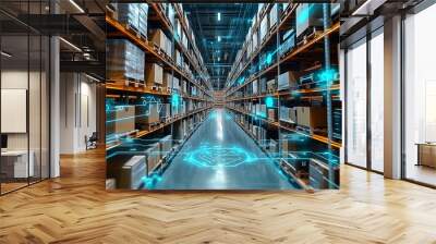 High-resolution digital warehouse with rows of shelves filled with cardboard boxes, illuminated by holographic blue, green, and orange lights. The background features advanced data visualization, repr Wall mural