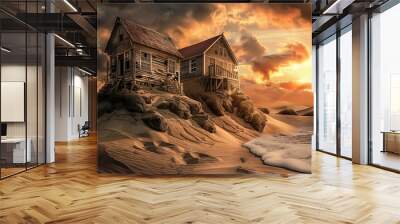 Hyper-realistic depiction of two houses in a serene sunrise setting, one old wooden house and another sturdy stone house, both situated in sand dunes with a dramatic sky, showcasing the contrast betwe Wall mural