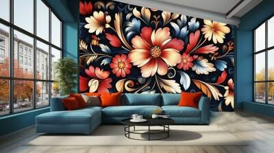 Intricately detailed vector illustration of Russian traditional ornament with flowers, showcasing bright colors and creative composition on a dark background. This design embodies the essence of folk  Wall mural