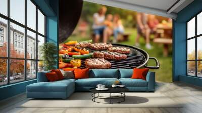 Multiple Barbecue Grills Cooking Meat and Vegetables at a Summer Backyard Party, with Family and Friends Enjoying a Sunny Day, Capturing the Fun and Festive Atmosphere Wall mural