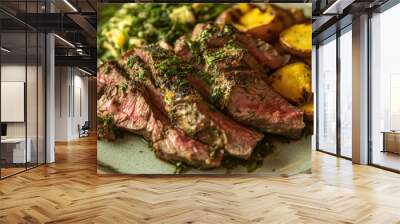 Perfectly grilled beef steaks topped with fresh green chimichurri sauce, served alongside rustic potatoes on an elegant plate, capturing the essence of fine dining. The natural lighting enhances the v Wall mural