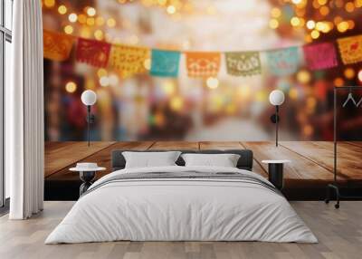 Vibrant close-up of a rainbow-striped fabric in motion blur, set against a black background with festive Mexican fiesta decorations. The scene features cinematic effects like volumetric lighting and b Wall mural