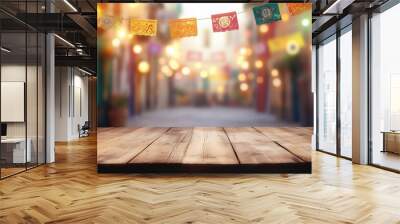 Vibrant close-up of a rainbow-striped fabric in motion blur, set against a black background with festive Mexican fiesta decorations. The scene features cinematic effects like volumetric lighting and b Wall mural