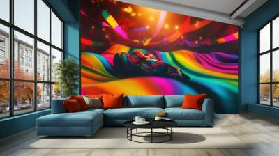 Vibrant close-up of a rainbow-striped fabric in motion blur, set against a black background with festive Mexican fiesta decorations. The scene features cinematic effects like volumetric lighting and b Wall mural