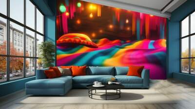 Vibrant close-up of a rainbow-striped fabric in motion blur, set against a black background with festive Mexican fiesta decorations. The scene features cinematic effects like volumetric lighting and b Wall mural