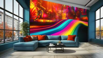 Vibrant close-up of a rainbow-striped fabric in motion blur, set against a black background with festive Mexican fiesta decorations. The scene features cinematic effects like volumetric lighting and b Wall mural