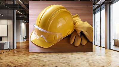 Yellow construction helmet and protective gloves placed on a wooden background, symbolizing safety and protection at a construction site, with space for text or branding, ideal for workplace safety ca Wall mural