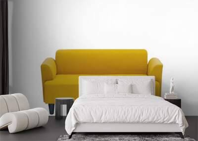 Clipping path, Yellow two seat canvas long sofa with arms and wood legs, isolated on white background with copy space. Wall mural