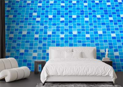 Swimming pool bottom ceramic mosaic blue and white. Wall mural