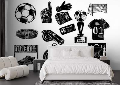 Association football or soccer engraving, ink set. Vector drawing isolated on white background Wall mural