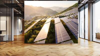 aerial view of solar power panels on hill Wall mural